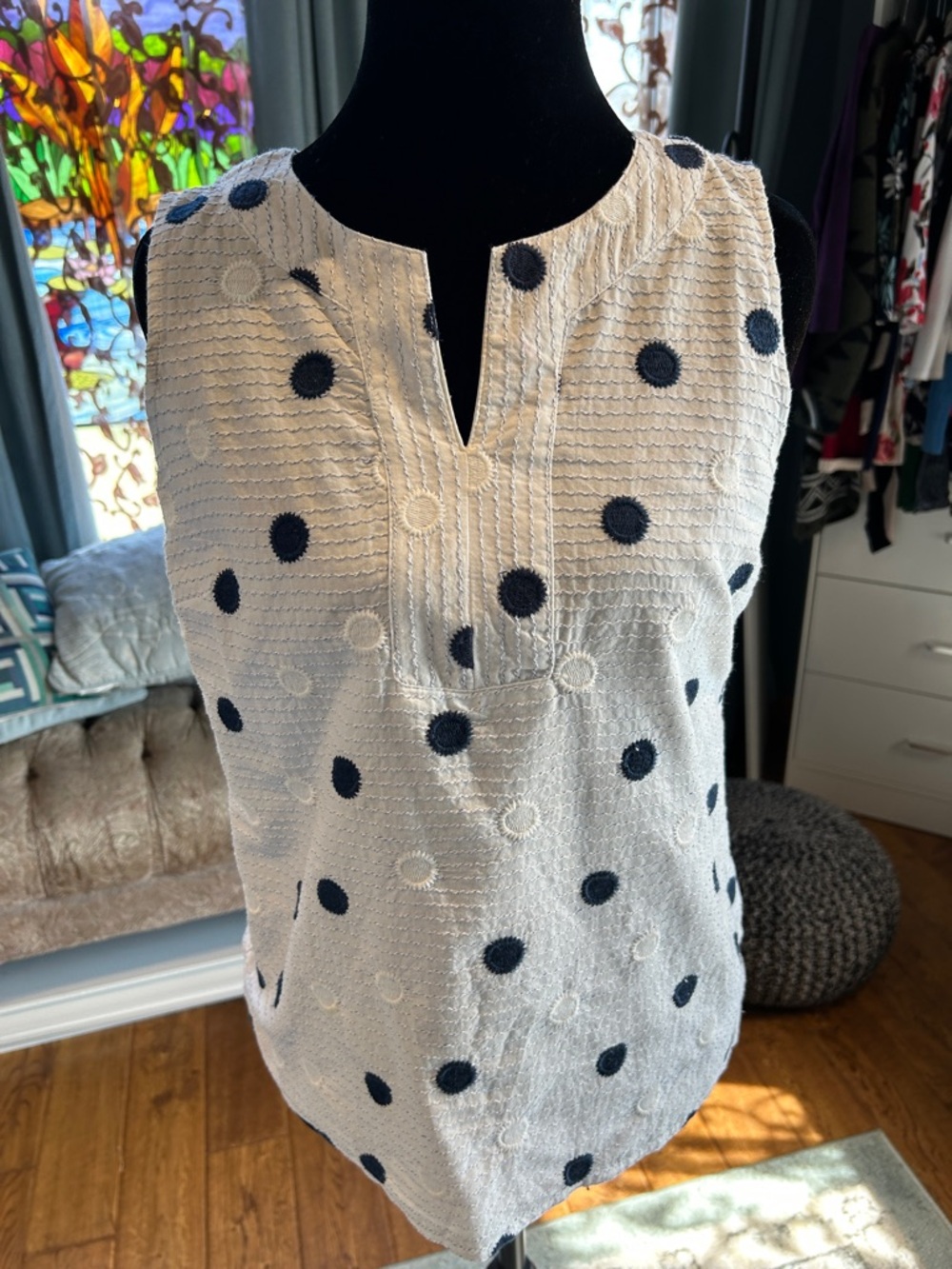 Talbots White Sleeveless Polka Dot Camisole with Navy Dots